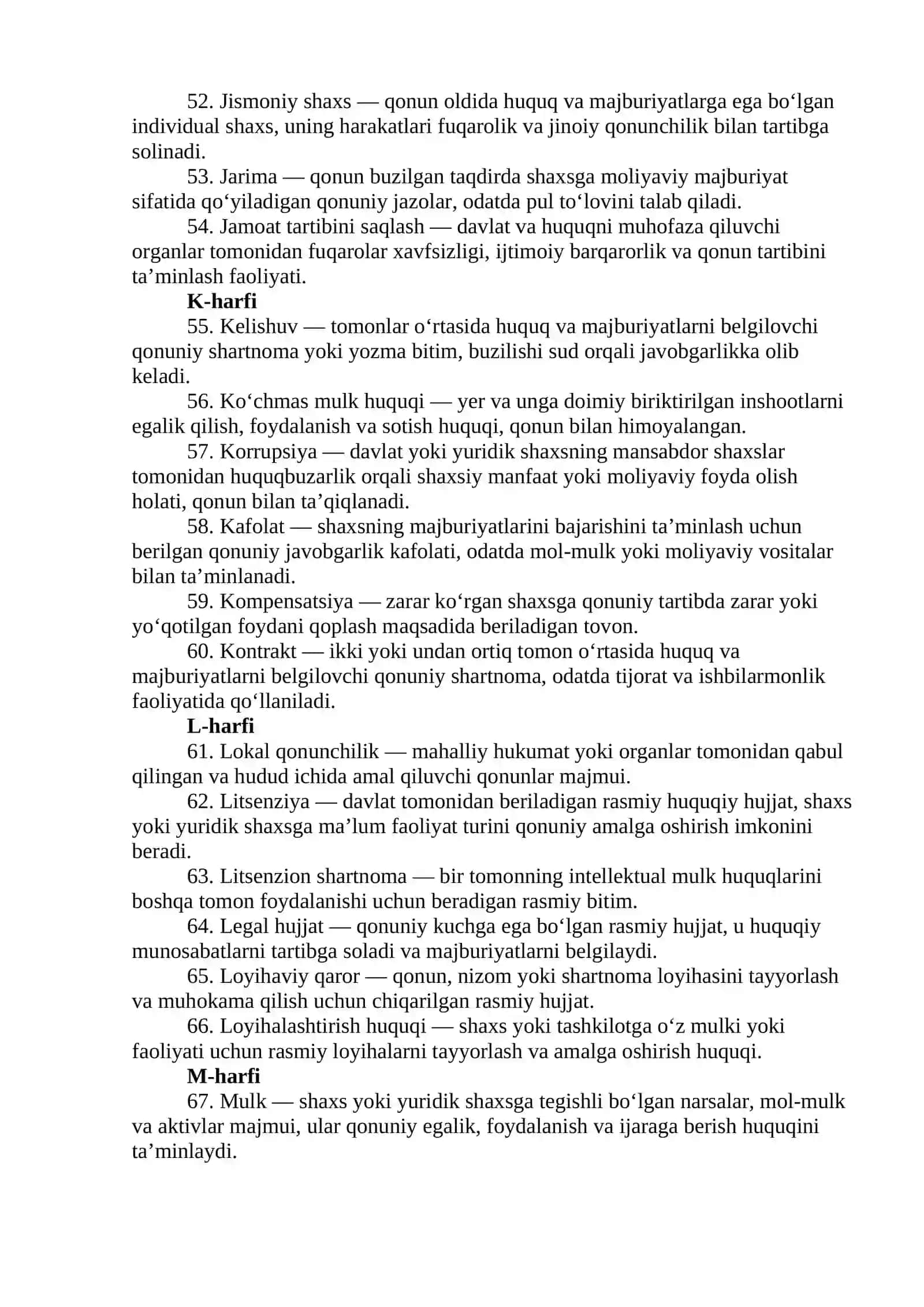 Fuqarolik huquqiga kirish fanidan Alifbo tartibida tuzgan Glossary 4