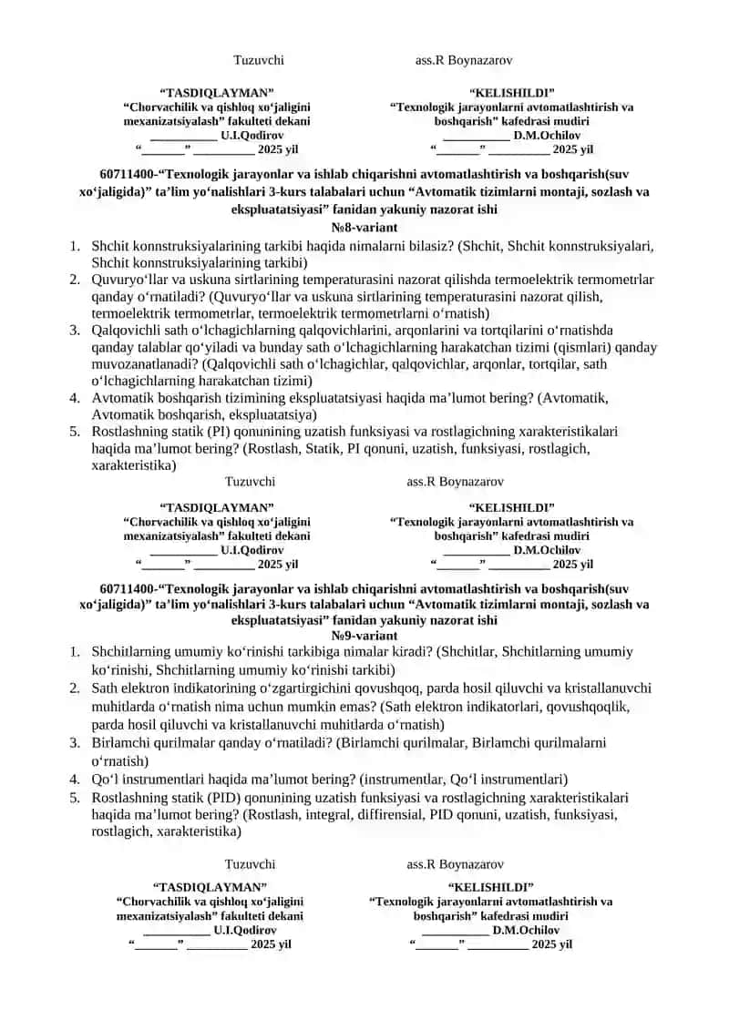“Avtomatik tizimlarni montaji, sozlash va ekspluatatsiyasi” fanidan yakuniy nazorat ishi 4