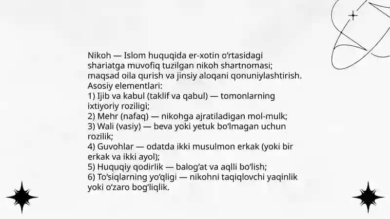 Islom huquqshinosligida oila, nikoh, taloq, idda, zihor tushunchalarini ta’riflash va taqdimot tayyorlash 4