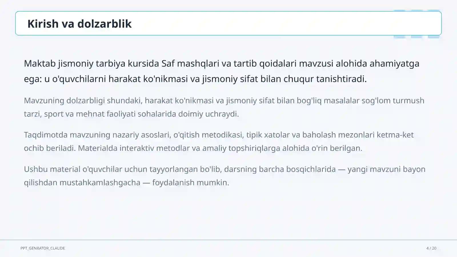Saf mashqlari va tartib qoidalari (1-sinf) 4
