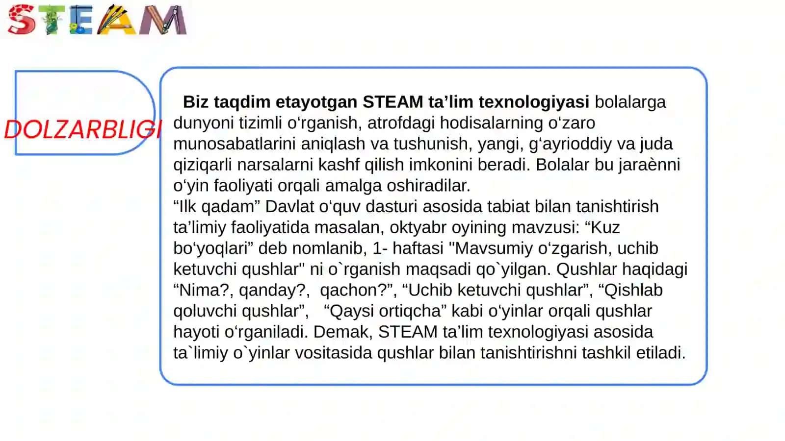 STEAM ta’lim texnologiyasidan foydalanish mavzusida bajarilgan malakaviy loyiha ishi 4