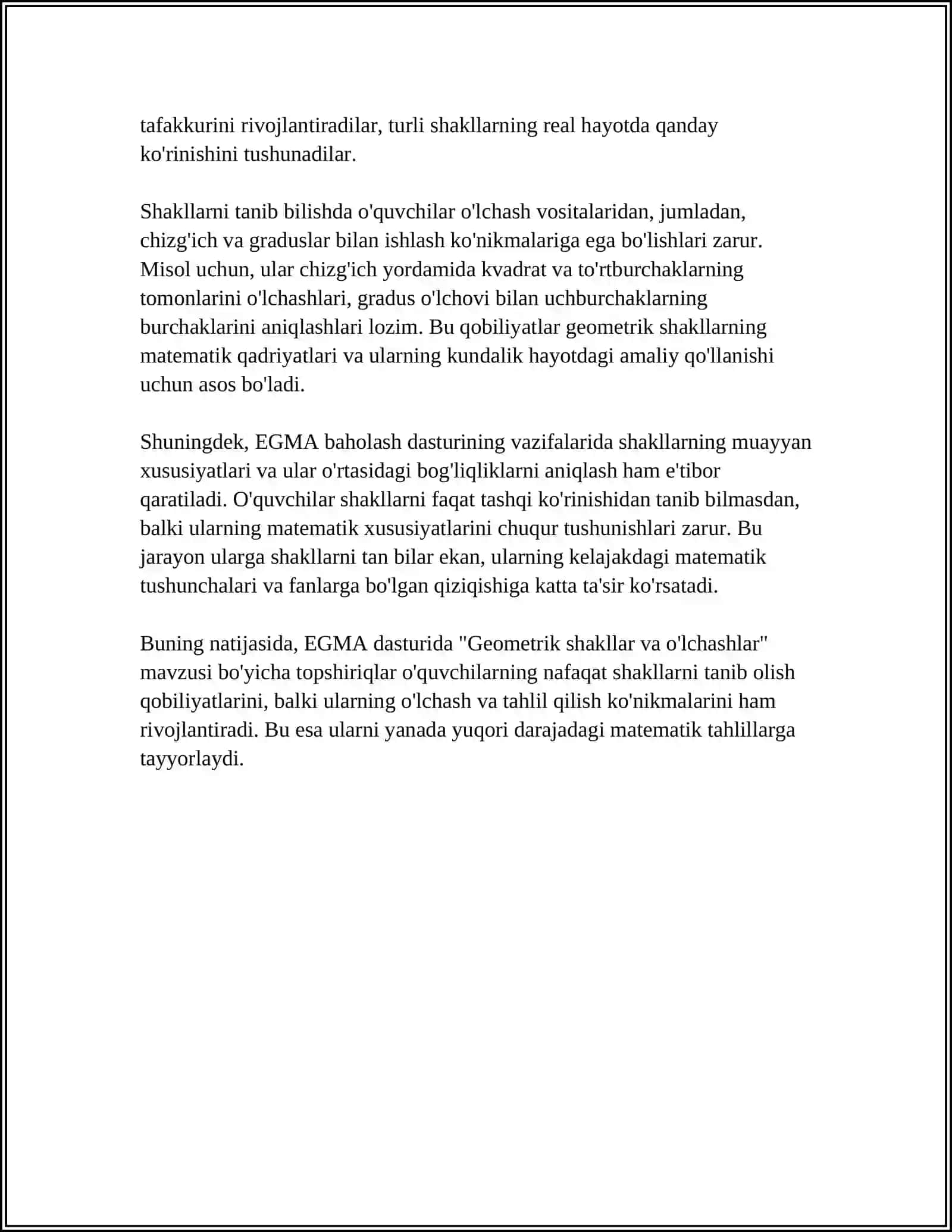 EGMA XALQARO BAHOLASH DASTURIDA "GEOMETRIK SHAKLLAR VA O'LCHASHLAR " MAZMUN SOHASIGA OID TOPSHIRIQLAR 4