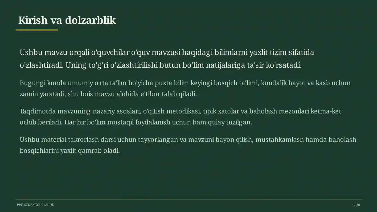 Dolzarb mavzular — maktab va o'qituvchilar (2026) — takrorlash darsi uchun 4