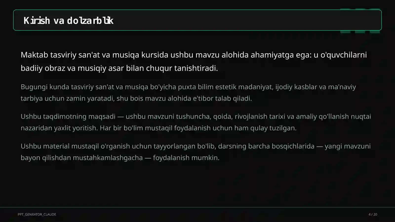 Tasviriy san'at va musiqa (1– 7) - mustaqil o'rganish uchun 4