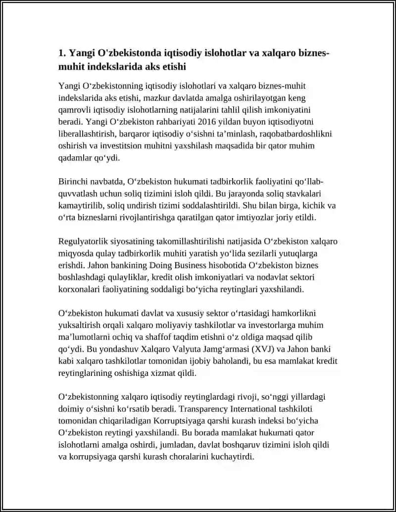 Yangi O'zbekistonda iqtisodiy islohotlar va xalqaro biznes-muhit indekslarida aks etishi 4