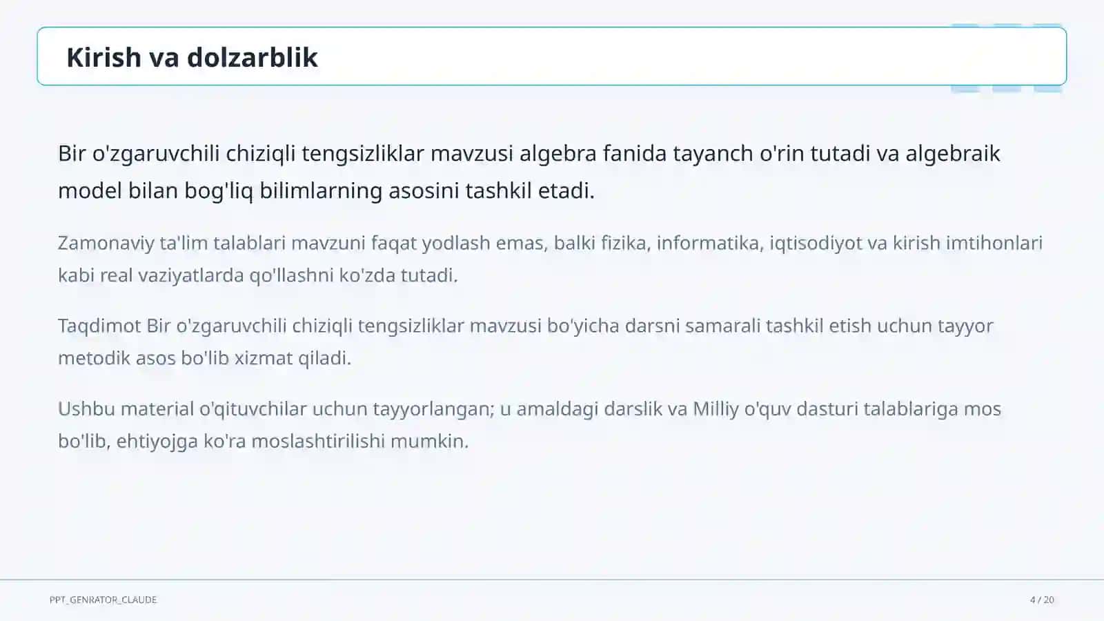 Bir o'zgaruvchili chiziqli tengsizliklar (8-sinf) 4