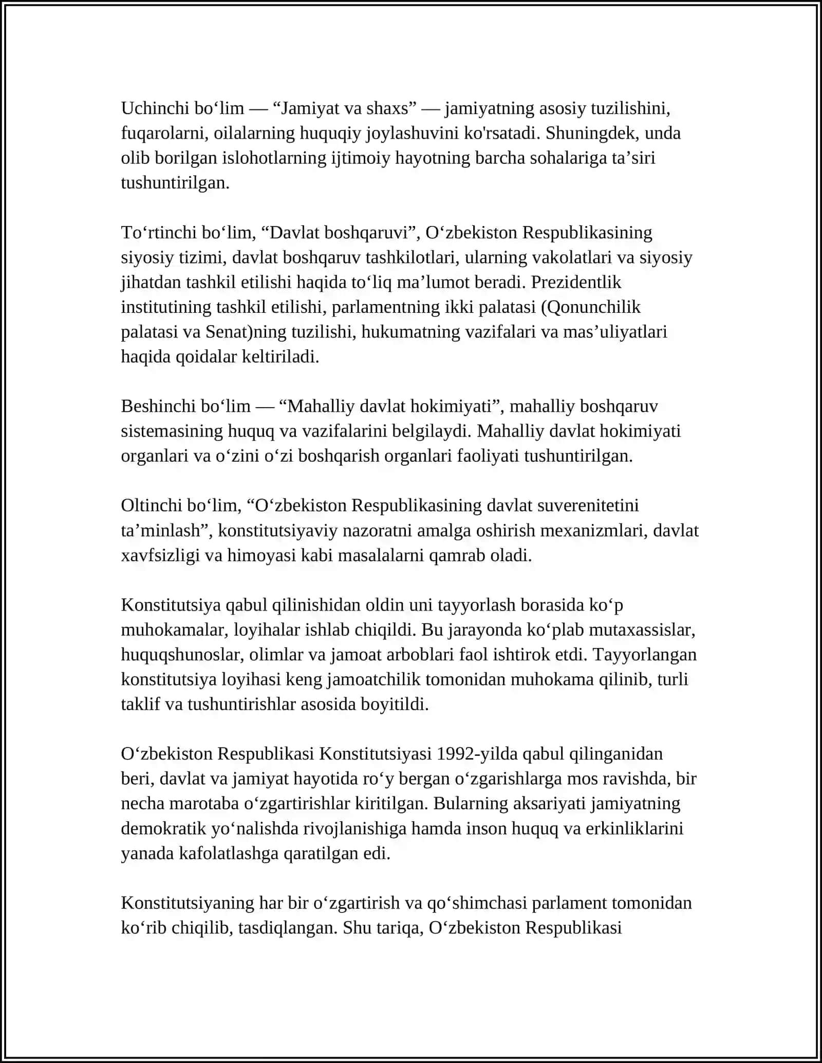 MUSTAQIL ISH Mavzu: OʻZBEKISTON RESPUBLIKASI KONSTITUTSIYAVIY HUQUQ TUSHUNCHASI 4