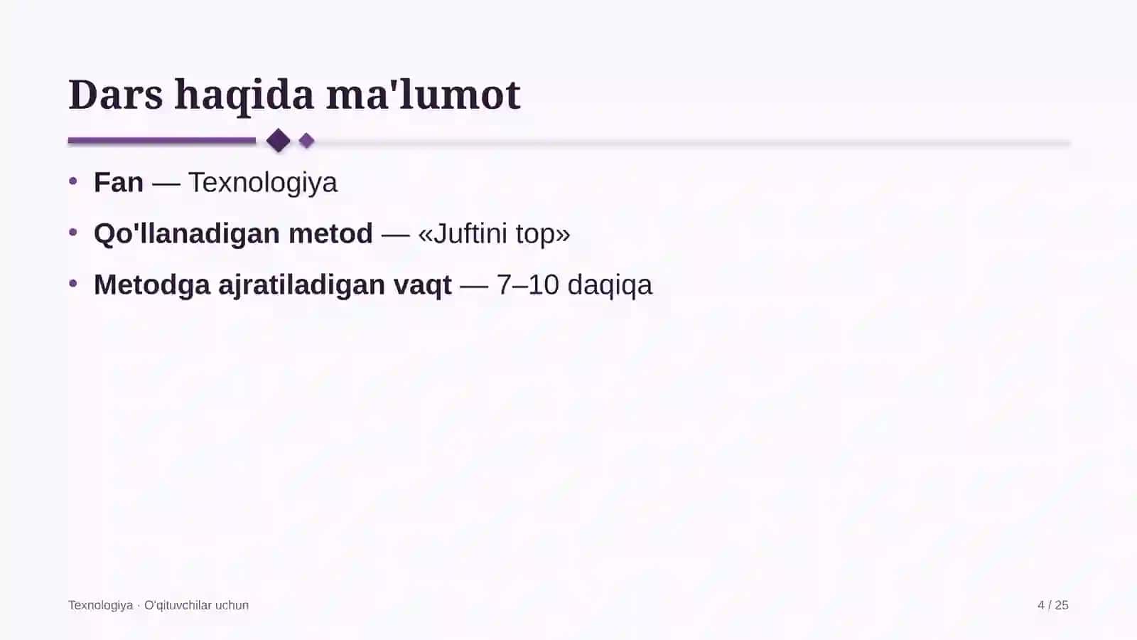 texnologiya darslarida juftini top metodidan foydalanish 5425 4