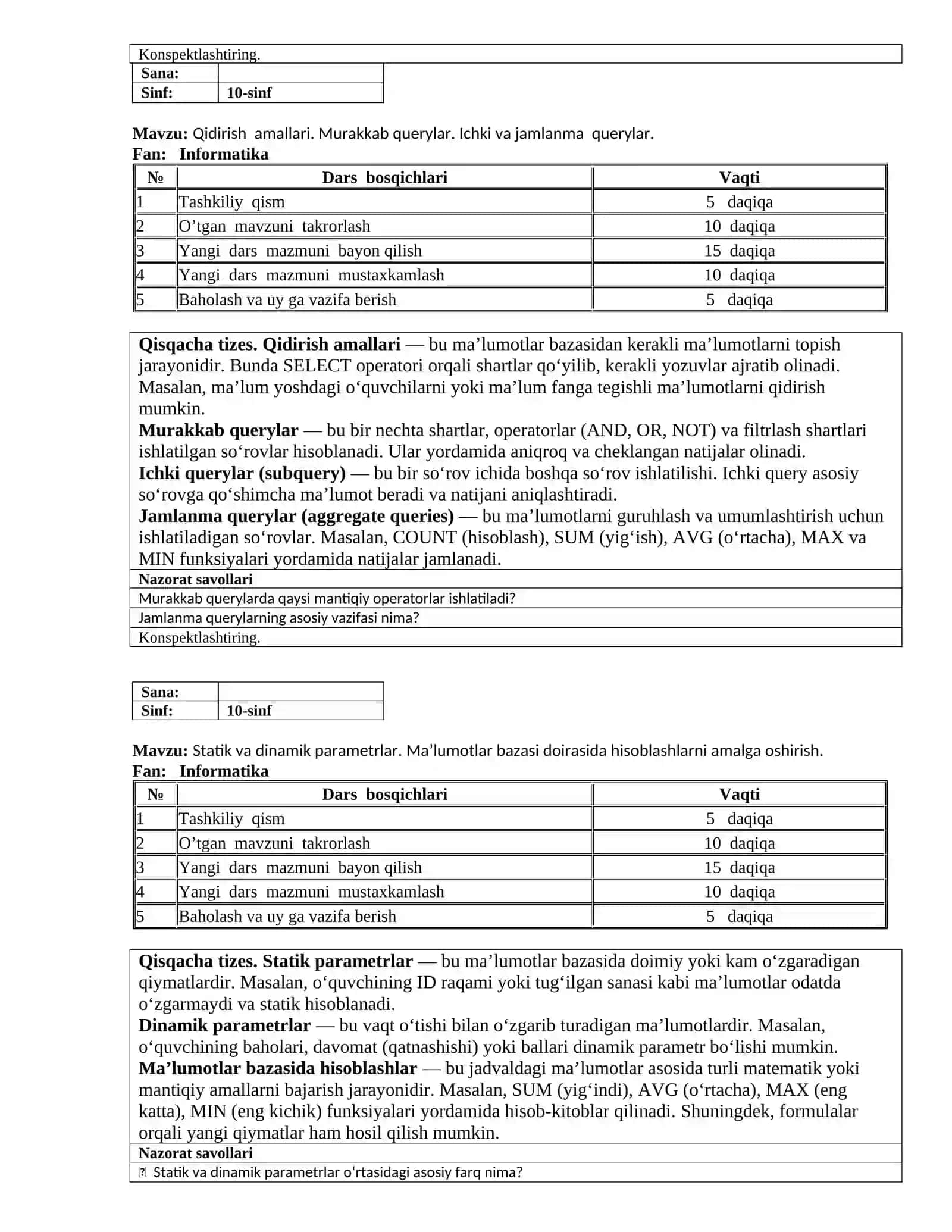 Ma’lumotlar bazasini yaratish. Maʼlumot turlari va katak hajmlari. Uch tomonlama bogʻlanish 4