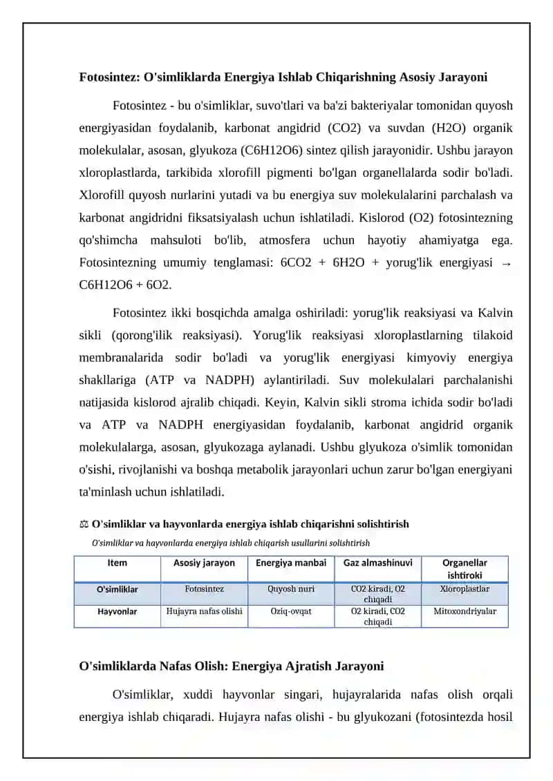 O'simliklar va hayvonlarda energiya ishlab chiqarish 4