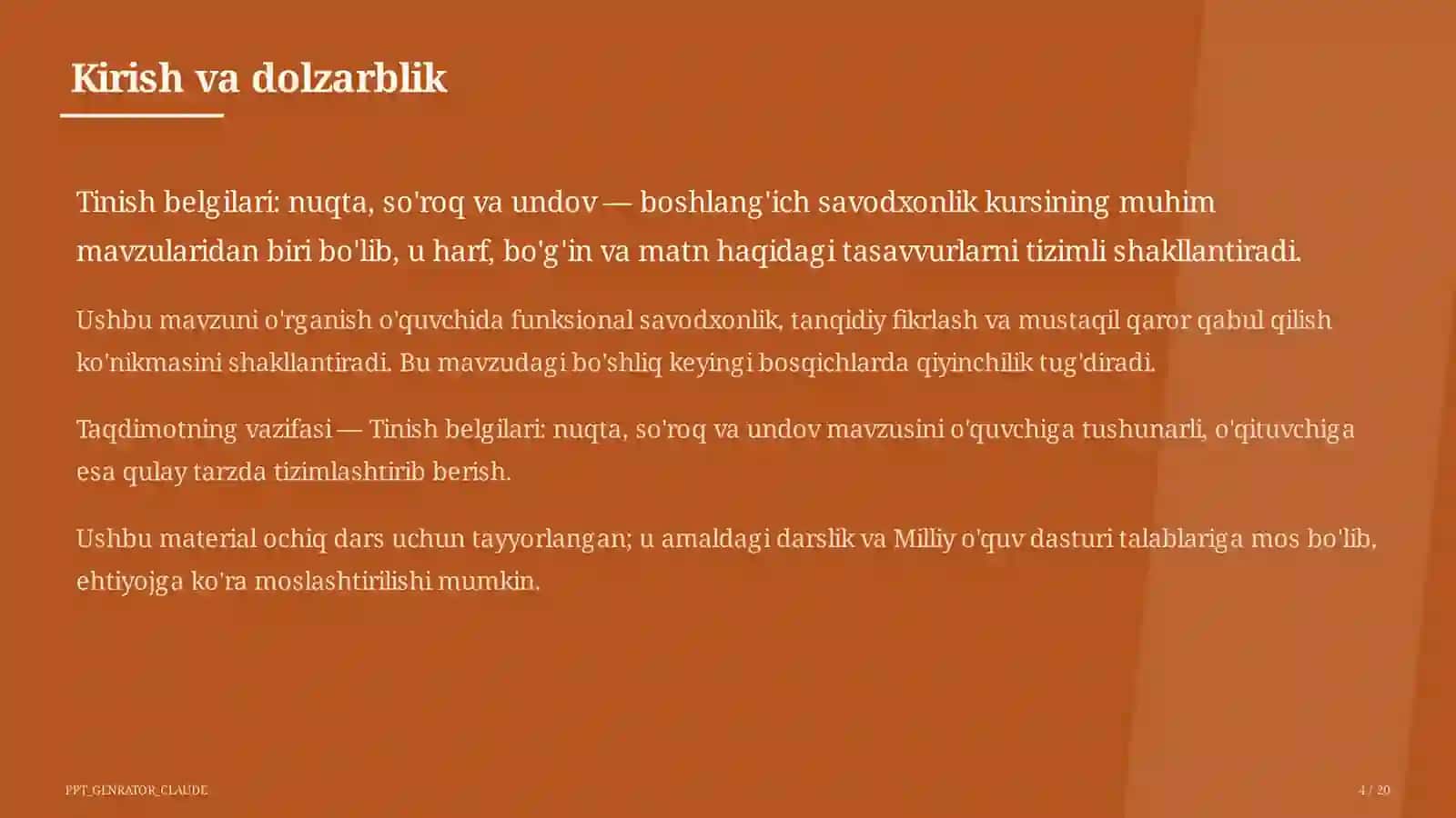 Boshlang'ich sinf: Ona tili va o'qish (1–4) — ochiq dars uchun 4