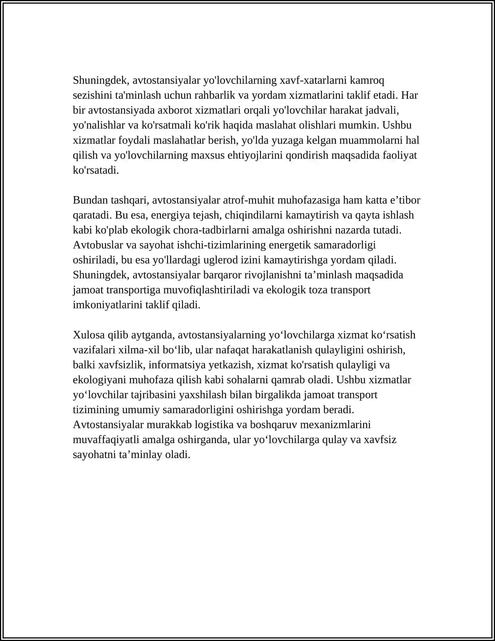 AVTOSTANSIYA, AVTOMAGSTAL, AVTOBUS TOXTASH JOYLARINING VAZIFALARI 4