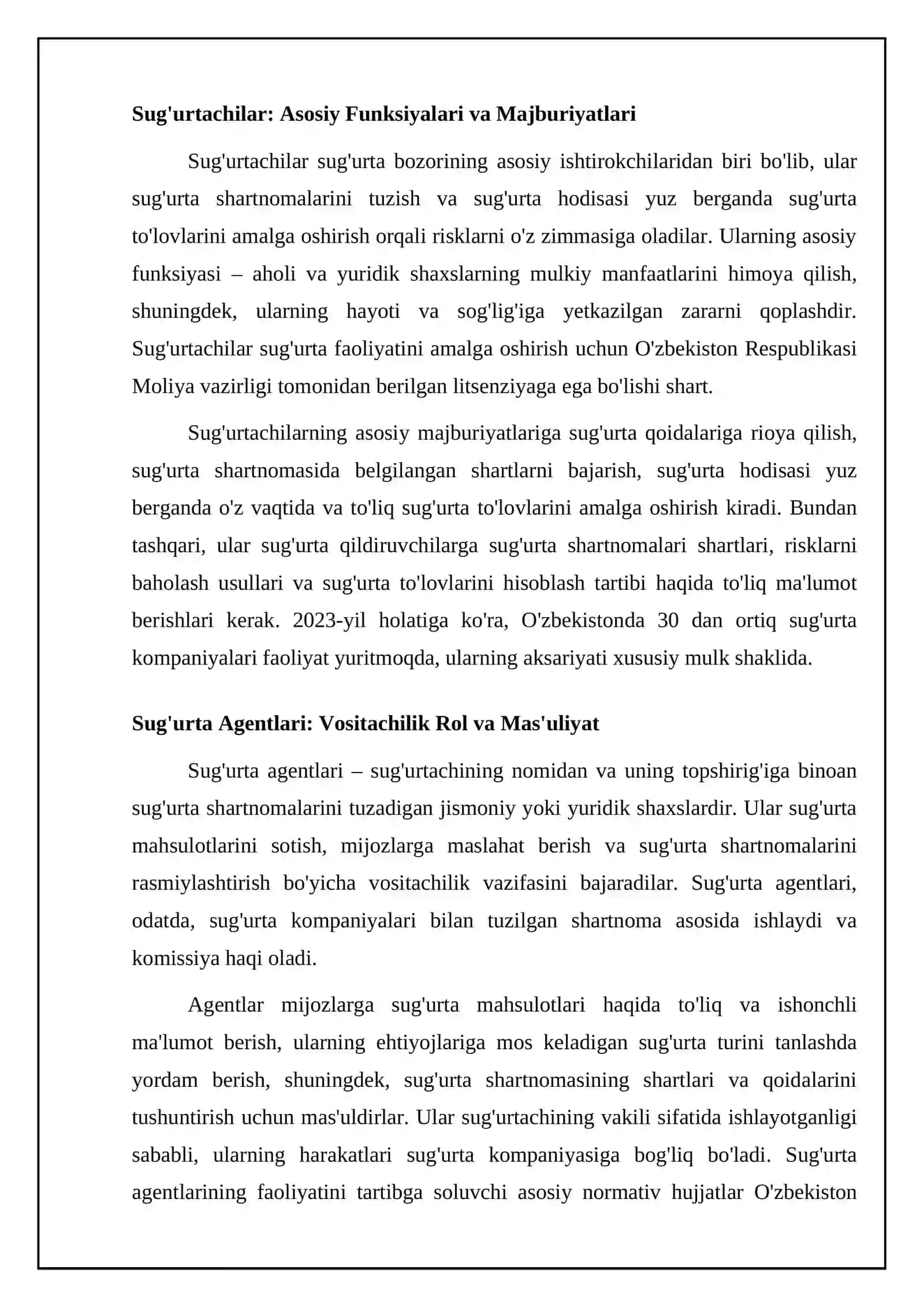 Sugʼurta bozori professional ishtirokchilari va ularga tavsifnoma 4