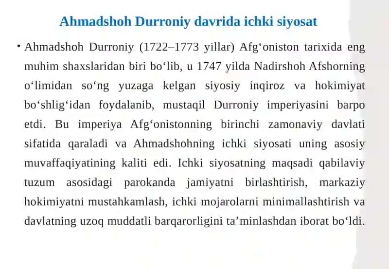 Ahmadshohning ichki va tashqi siyosati iqtisodiy dasturi 4