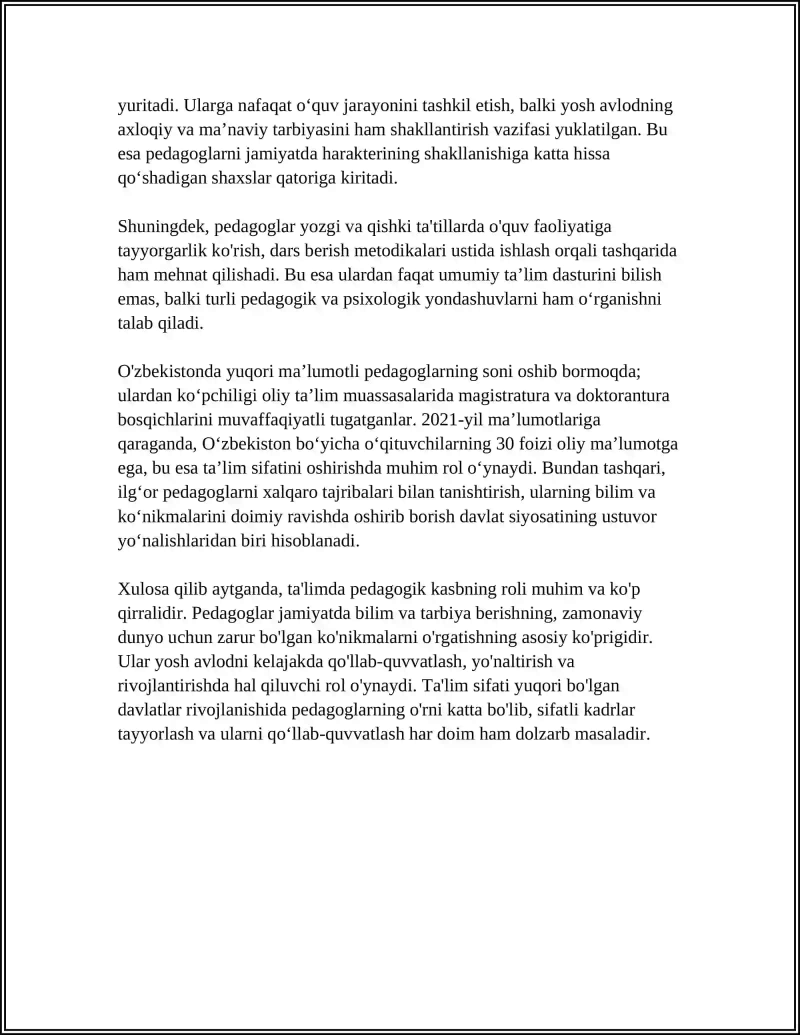 PEDAGOGLIK KASBINING JAMIYAT TARAQQIYOTIDA TUTGAN O'RNI 4