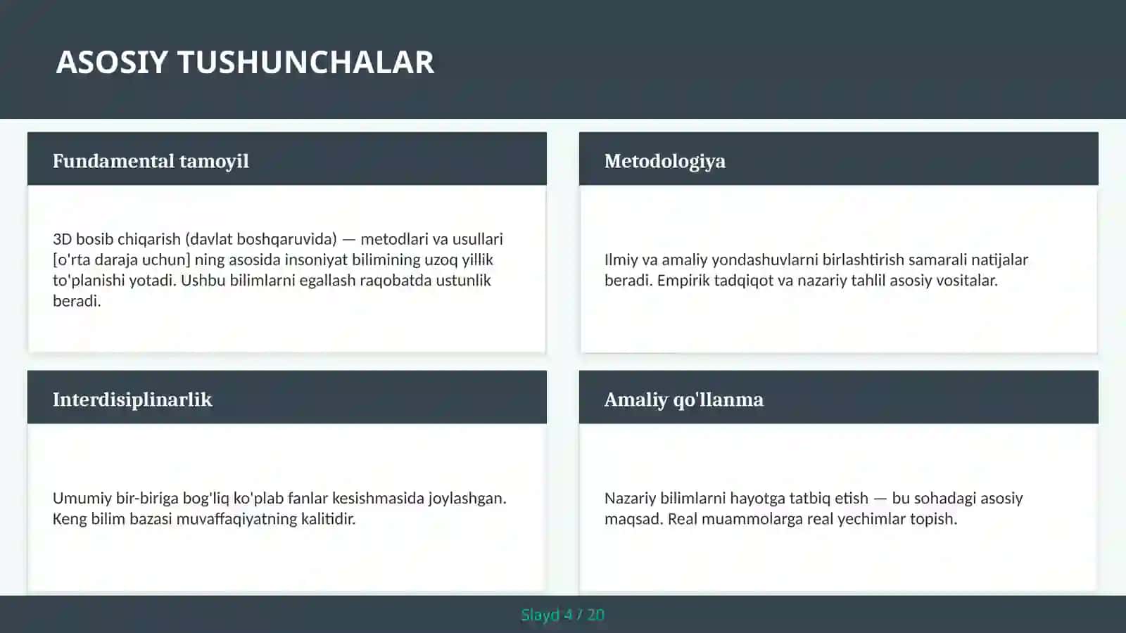 3D bosib chiqarish (davlat boshqaruvida) — metodlari va usullari [o'rta daraja uchun] 4
