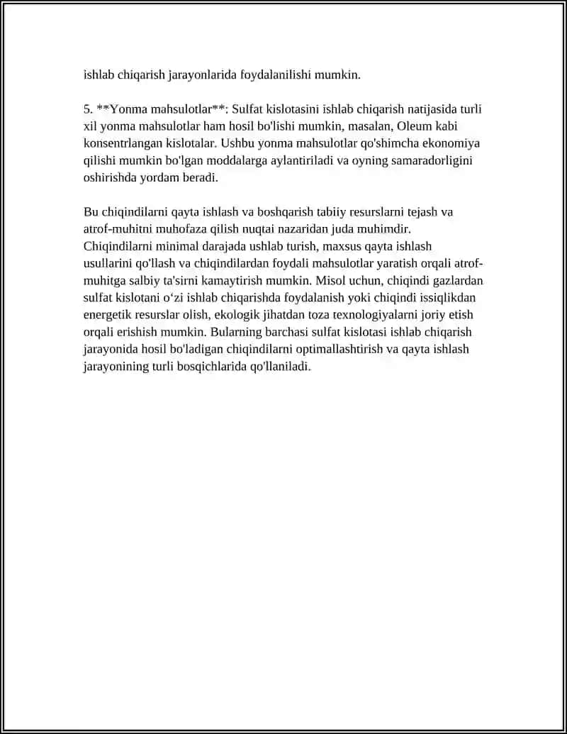 SULFAT KISLOTA ISHLAB CHIQARISHDA HOSIL BOʻLGAN CHIQINDINI QAYTA ISHLASH 4