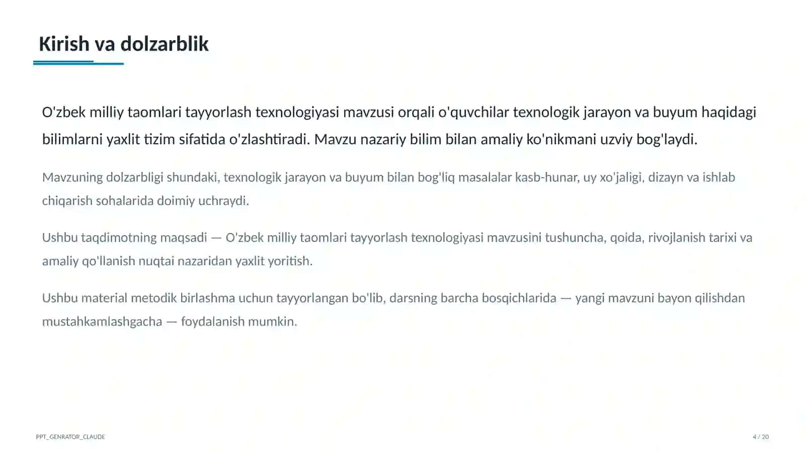O'zbek milliy taomlari tayyorlash texnologiyasi (6-sinf) 4
