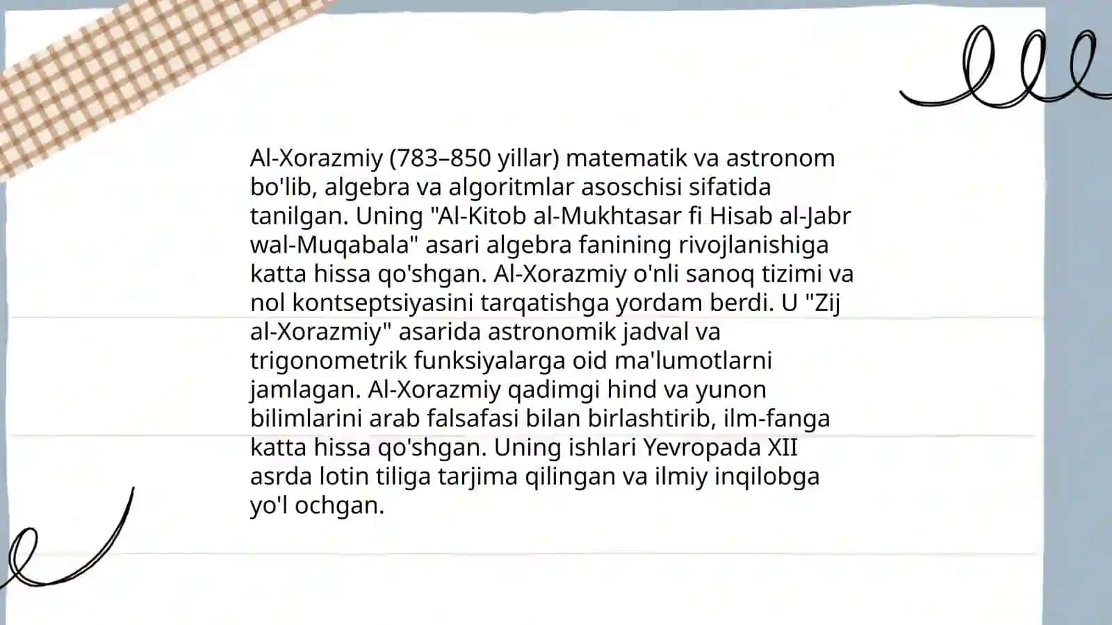 IX-XII asrlarda mamlakatimiz hududida ro‘y bergan madaniy uyg‘onish(Renessans).Buyuk allomalarning jahon sivilizatsiyasiga qo'shgan hissasi 4