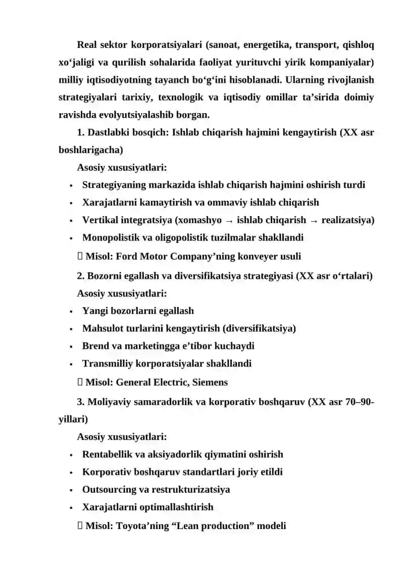 Yirik real sektor korporatsiyalari rivojlanish strategiyalari 4