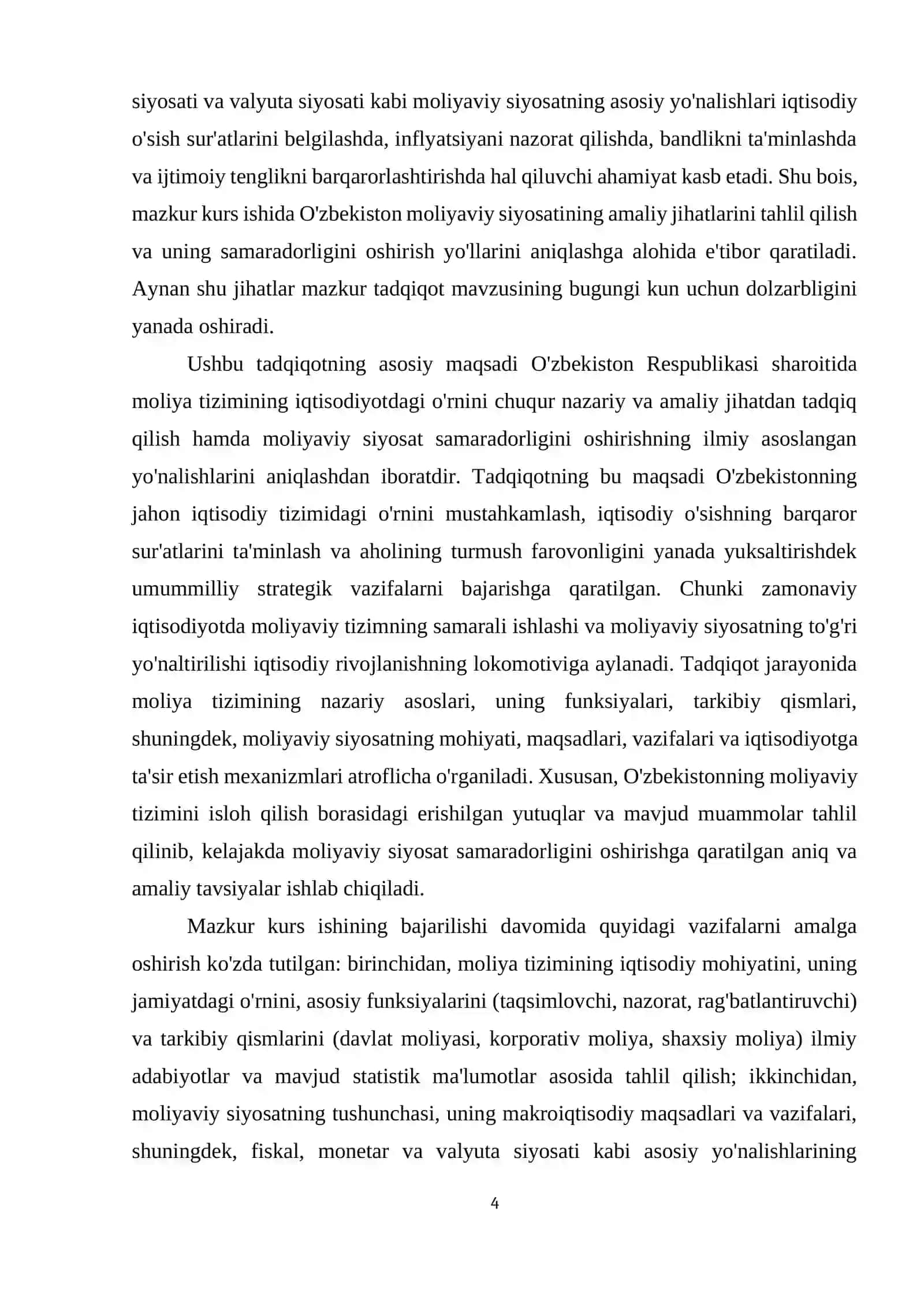 Moliya tizimining iqtisodiyotdagi o’rni va moliyaviy siyosatning samaradorligi 4