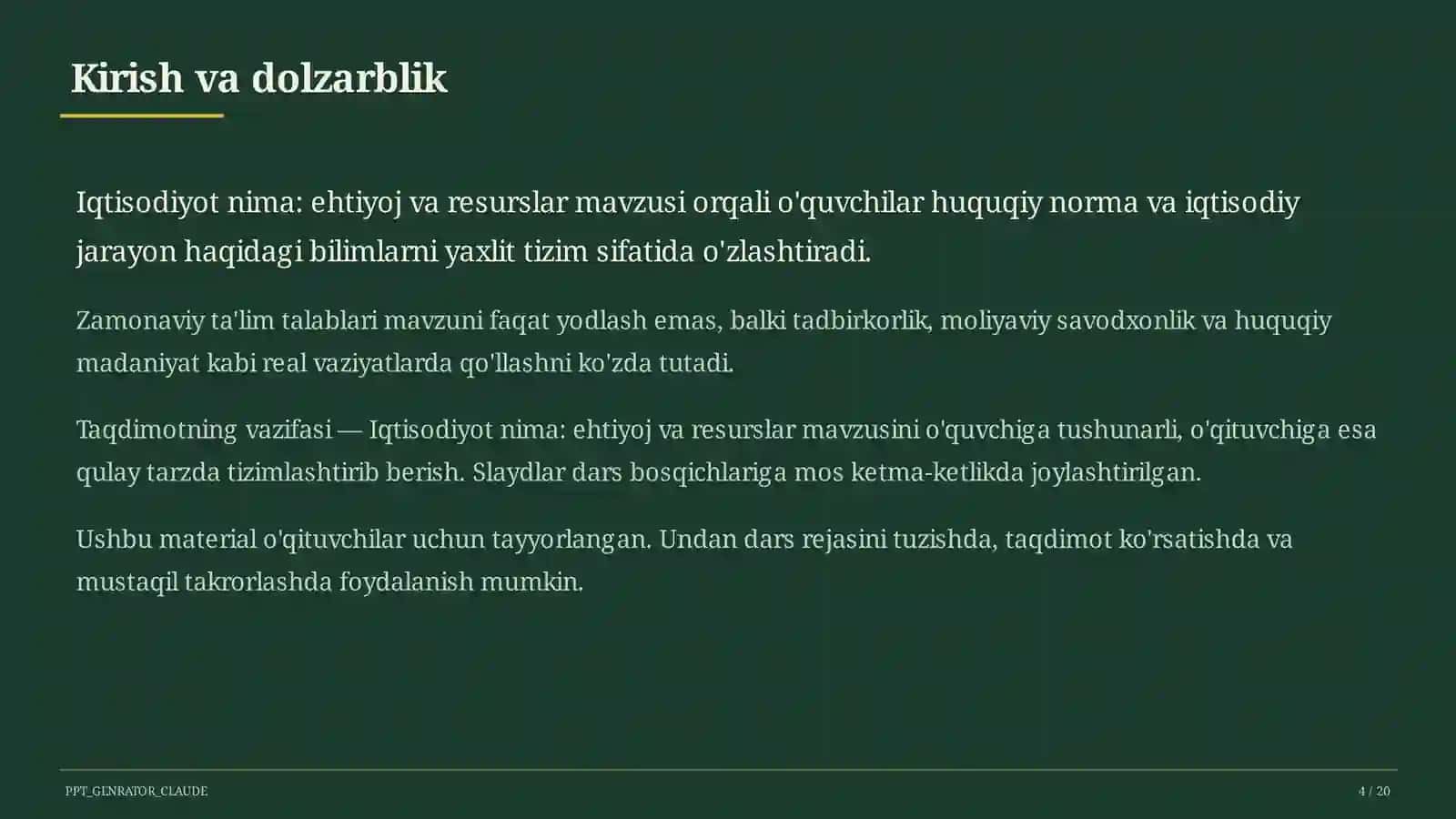 Iqtisodiyot nima: ehtiyoj va resurslar (9-sinf) Huquq va iqtisodiyot asoslari (9–11) — o'qituvchilar uchun 4