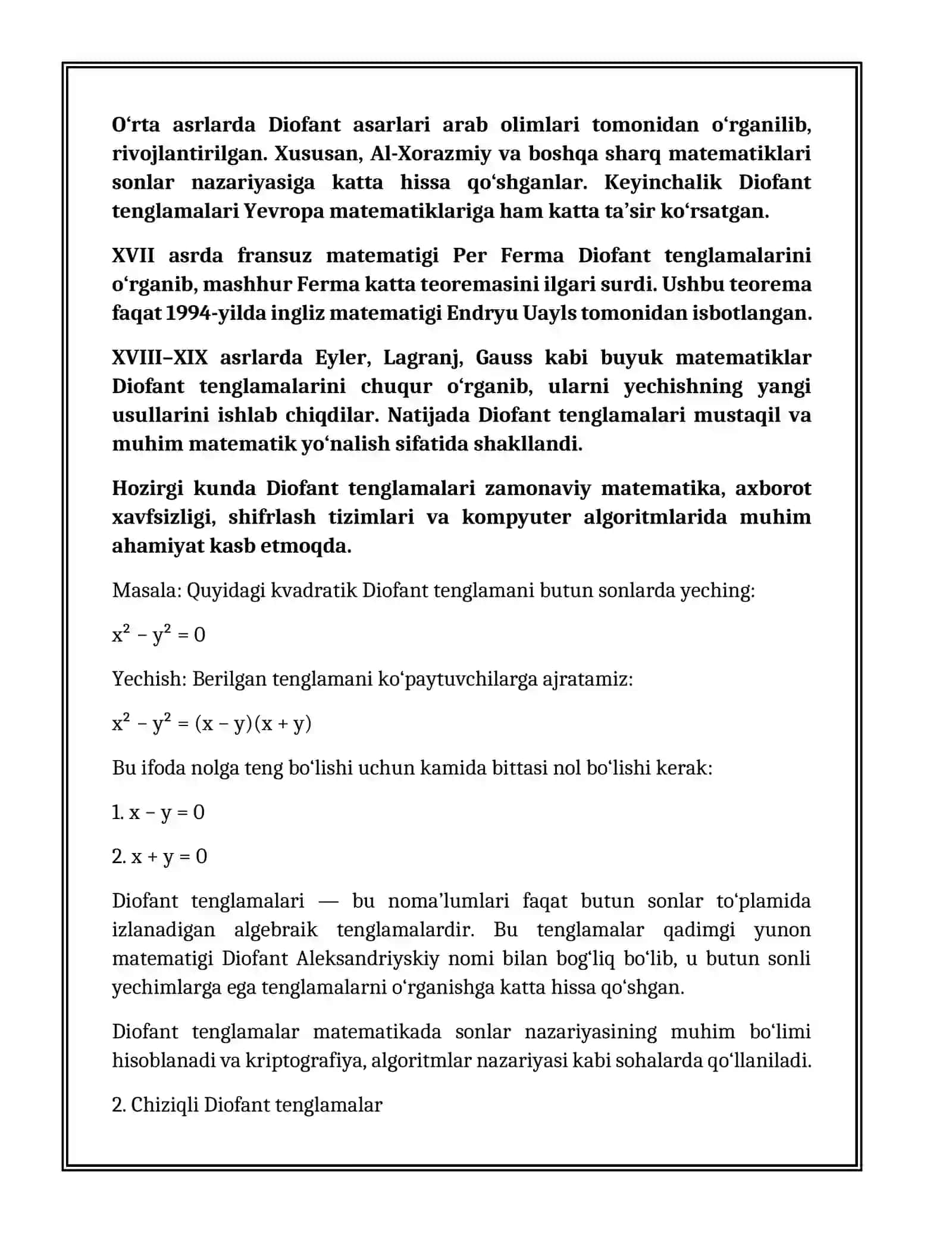 Diofant tenglamalari va p-adik. Kvadratik tenglamalarni butun sonda yechish 4
