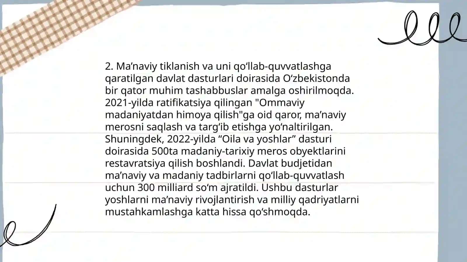 Oʻzbekistondagi Ma'naviy va Madaniy Taraqqiyot Boʻyicha Taqdimot 4
