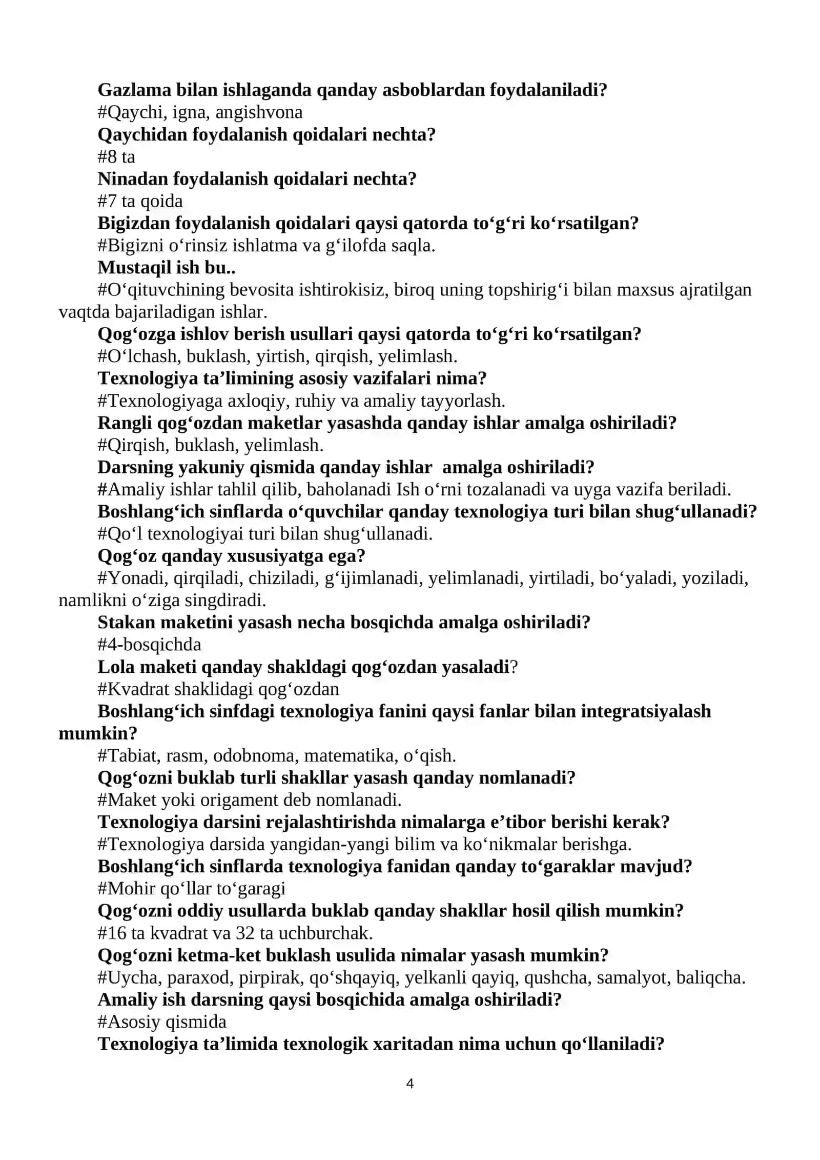 Texnologiya O‘qitish Metodikasi Test Savollari 4