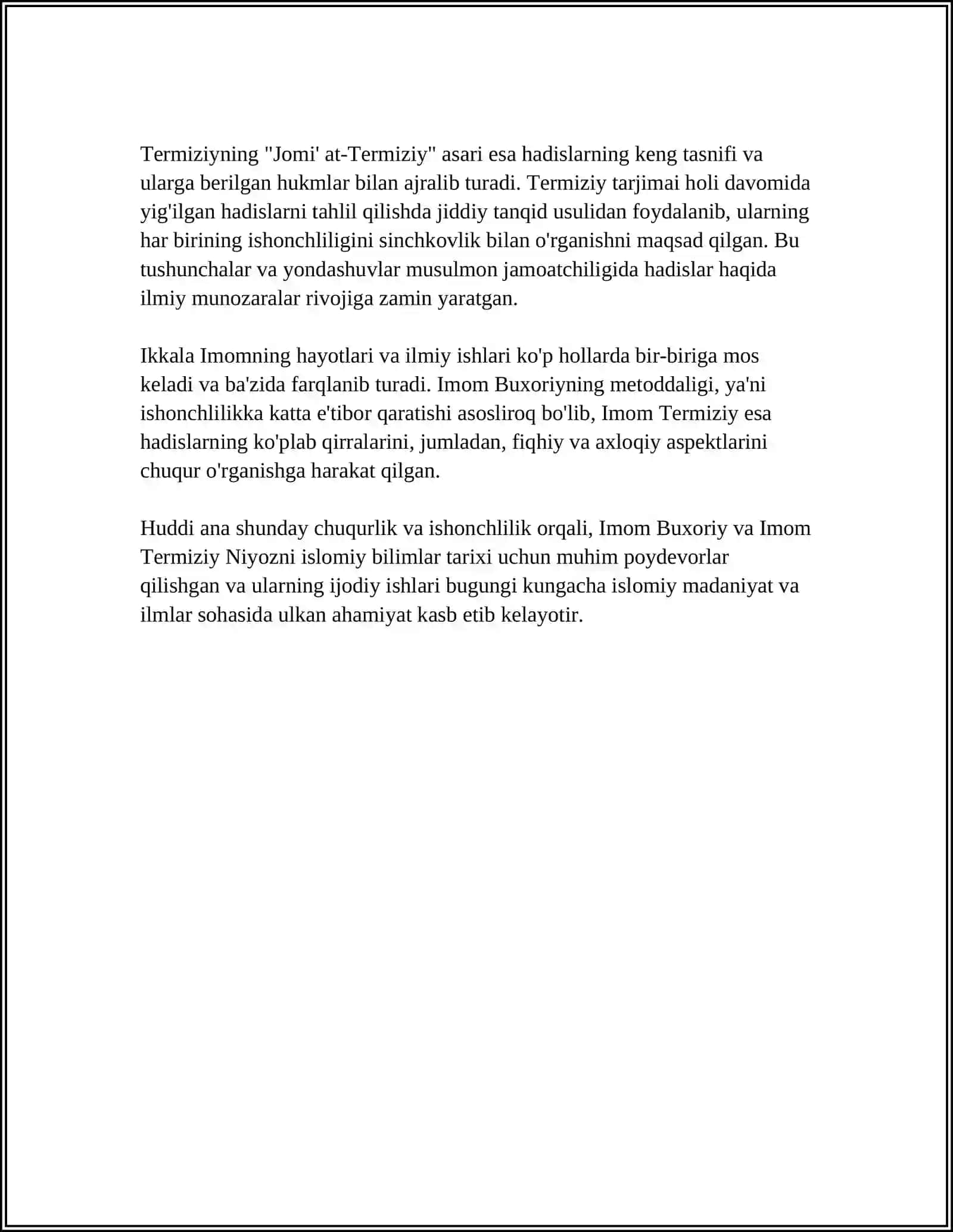 QIYOSIY TAHLIL: IMOM BUXORIY VA IMOM TERMIZIYNING HADIS ILMIGA QOʻSHGAN HISSALARINING 4