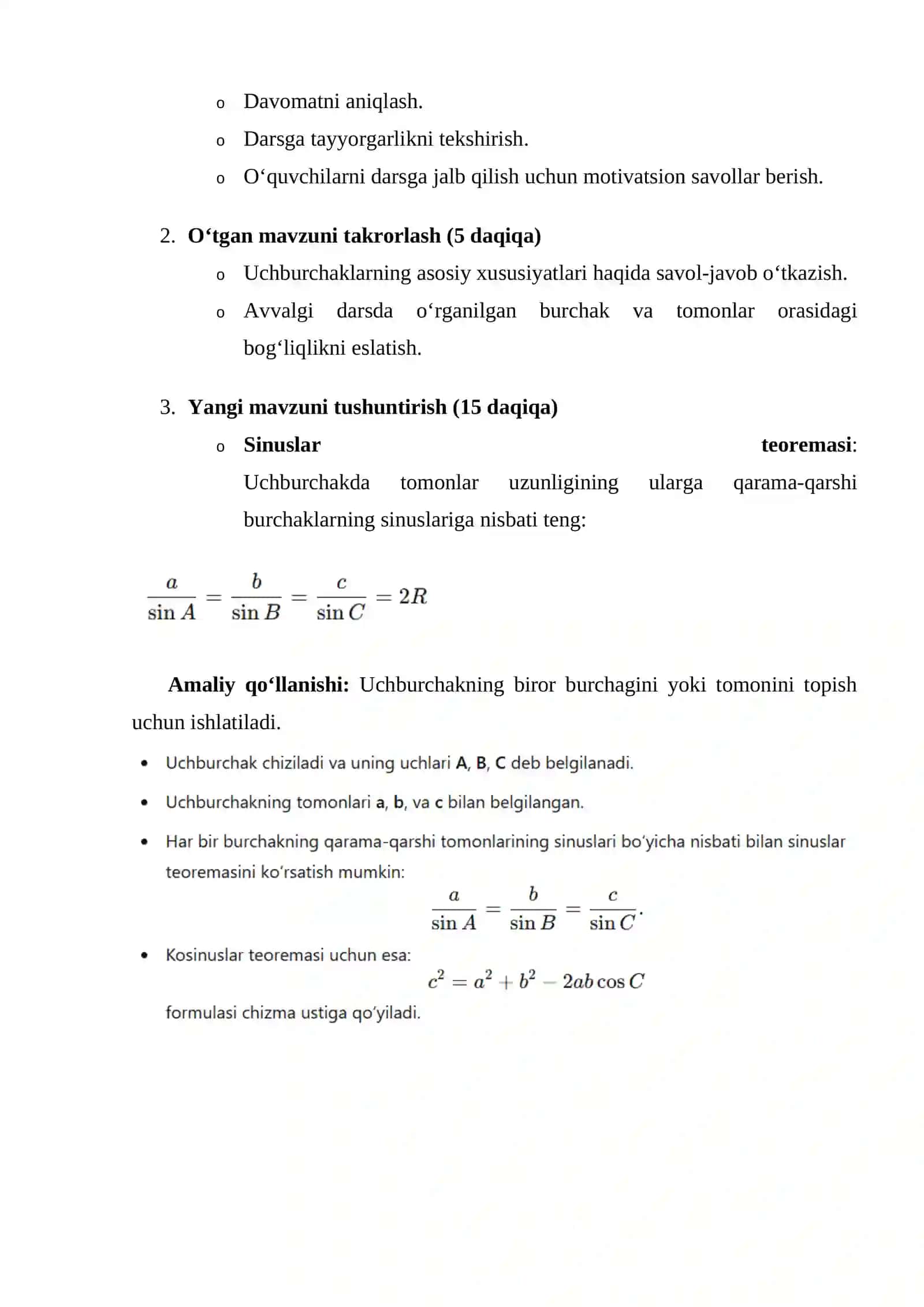 Sinuslar va kosinuslar teoremalarining ba'zi tatbiqlari 4
