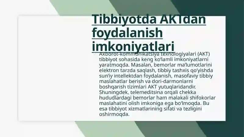 Tibbiyot Masalalarini yechishda axborot komunikatsiya texnalogiyalari 4