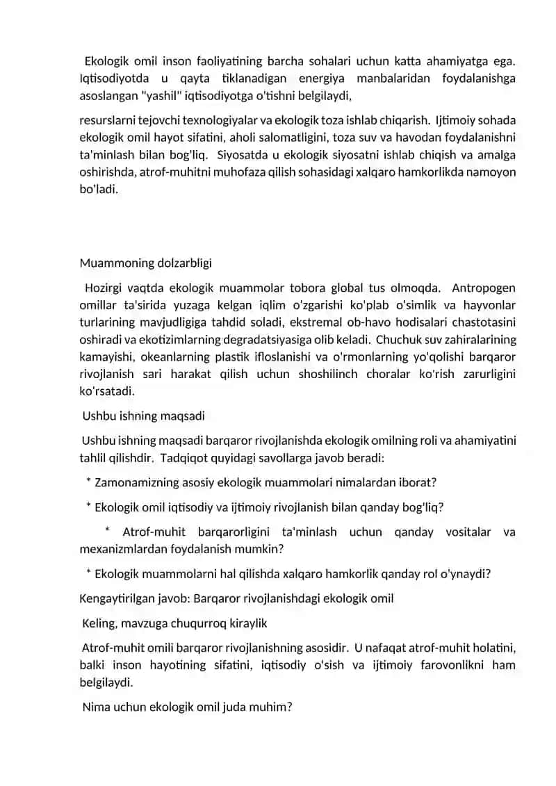 Barqaror rivojlanishda ekologik omilning o'rni va ahamyati 4