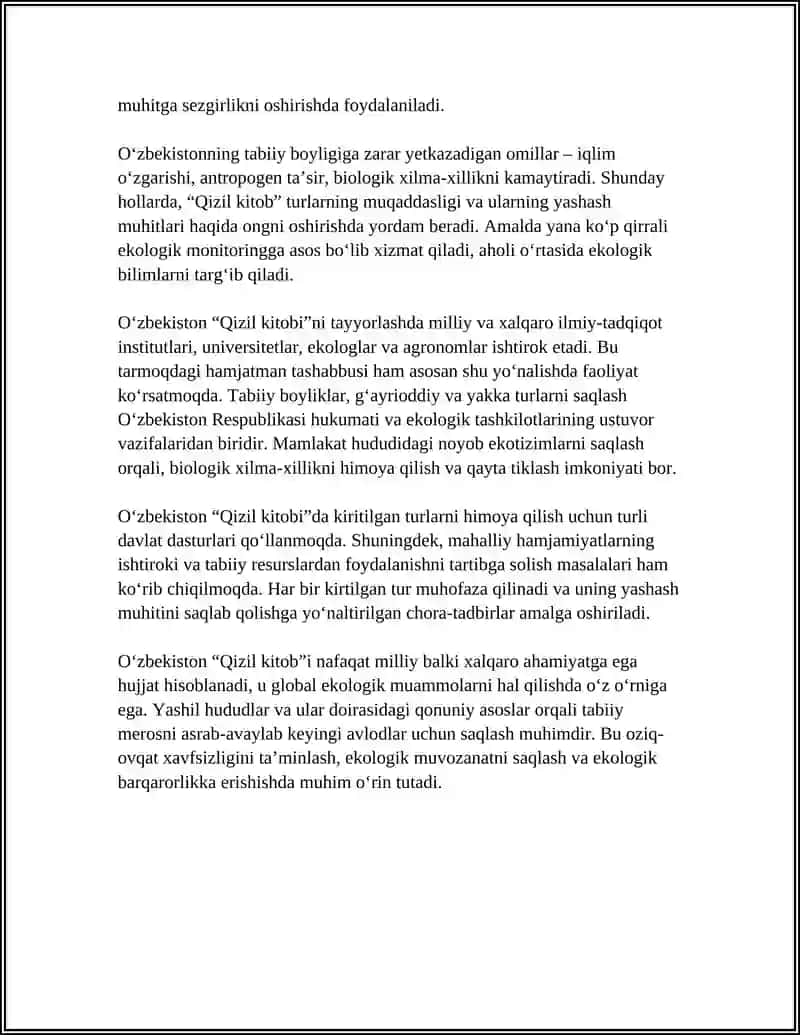 OʻZBEKISTON RESPUBLIKASI "QIZIL KITOBI" VA UNING ATROF MUHITNI MUHOFAZA QILISHDAGI OʻRNI 4