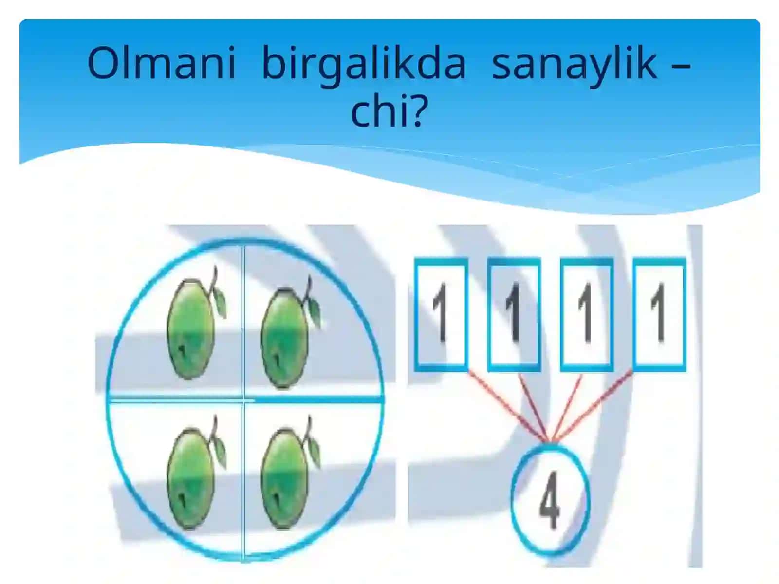 1-sinf matematika.1 dan 10 gacha boʻlgan sonlarning oʻqilishi va yozilishi. 4 soni 4