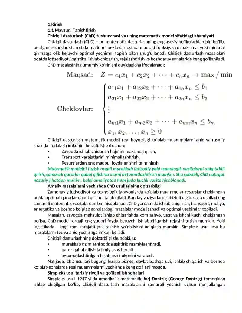 Chiziqli dasturlash masalalari kanonik ko‘rinishi. Simpleks usul. 4
