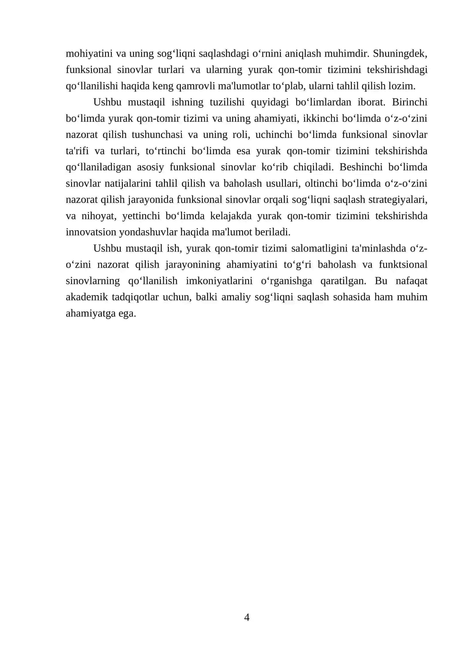 O‘z-o‘zini nazarat qilishda yurak qon-tomir tizimini tekshirishda qo‘llaniladigan funksional sinamlar 4