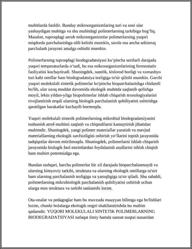 YUQORI MOLEKULALI SINTETIK POLIMERLARNING BIOPARCHALANISH JARAYONI 4