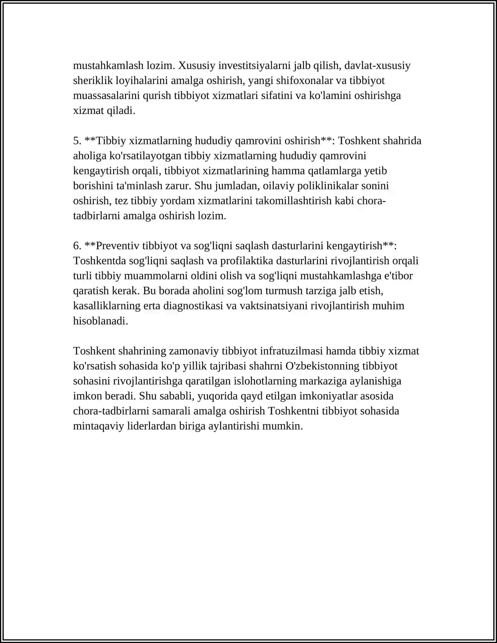 OʻZBEKISTONDA TIBBIYOT TUZUMINI RIVOJLANTIRISH MUMKUN BOʻLGAN HUDUDLAR HAQIDA MALUMOT 4