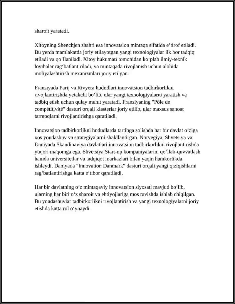 INNOVATSION TADBIRKORLIKNI XUDUDLARDA TARTIBGA SOLISHNING XORIJ TAJRIBASI 4