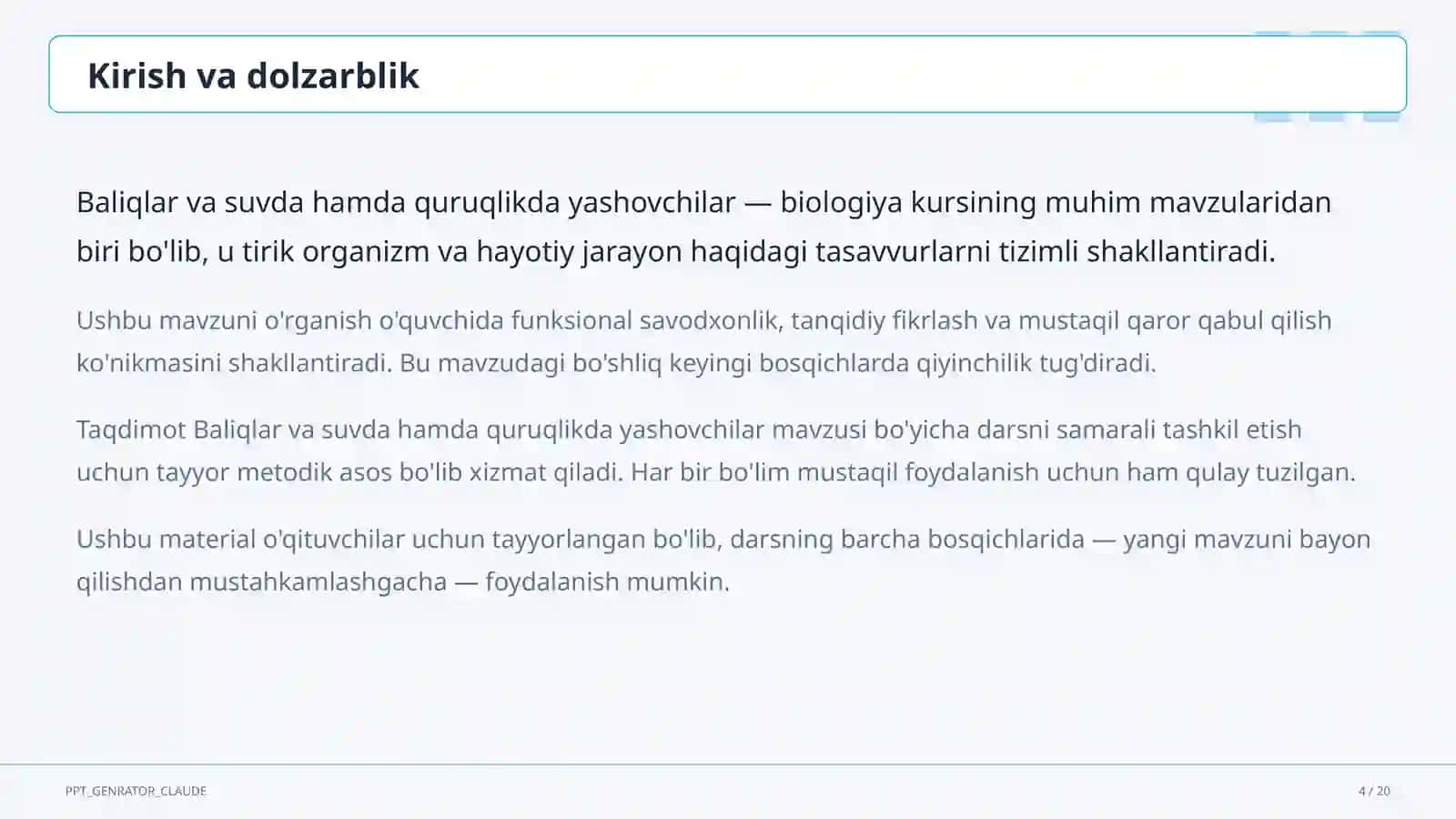 Baliqlar va suvda hamda quruqlikda yashovchilar (7-sinf) 4