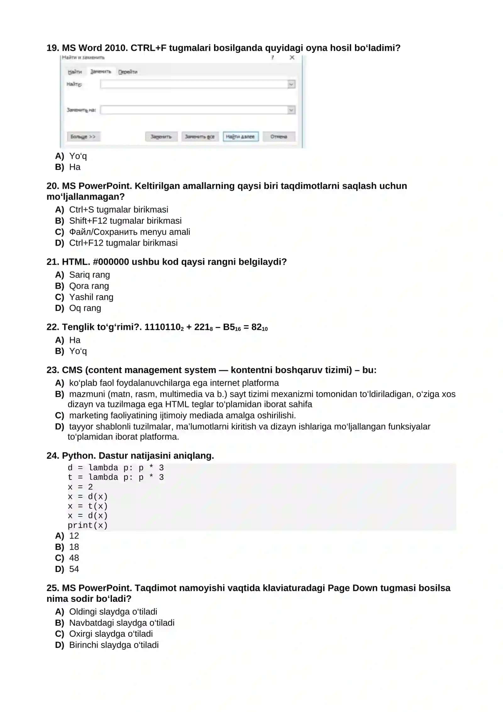 Informatika fanidan birinchi toifa attestatsiya test savollari 4