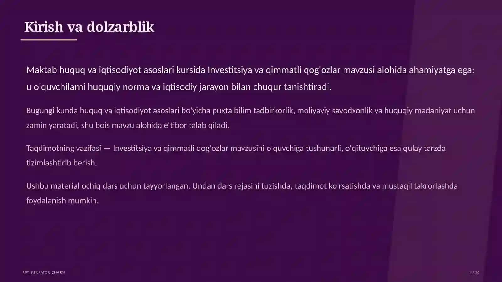 Huquq va iqtisodiyot asoslari (9–11) — ochiq dars uchun 4