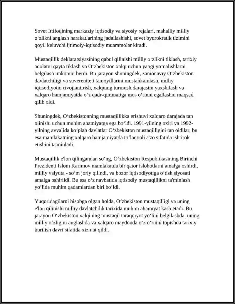 MUSTAQIL O‘ZBEKISTON RESPUBLIKASI TASHKIL TOPISHINING TARIXIY AHAMIYAT 4