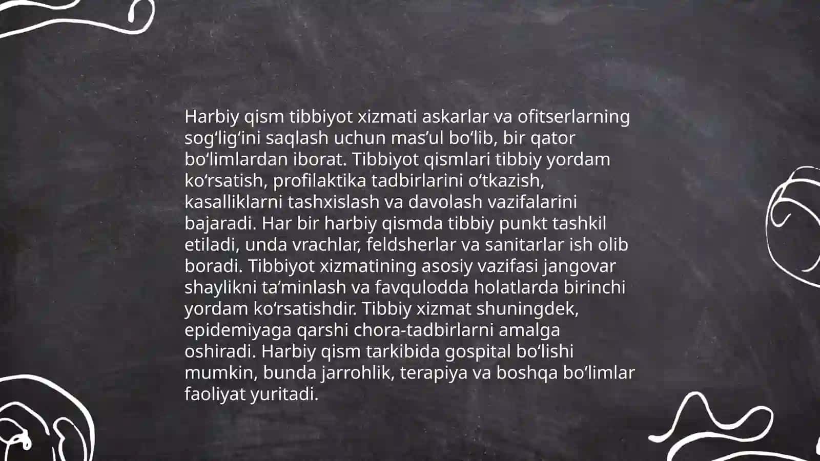 Tinchlik davrida harbiy qism tibbiyot xizmatining boshqa xizmat turlari va sogʻliqni saqlash vazirining mahalliy davolash-profilaktika muassasalari bilan hamkorligi 4