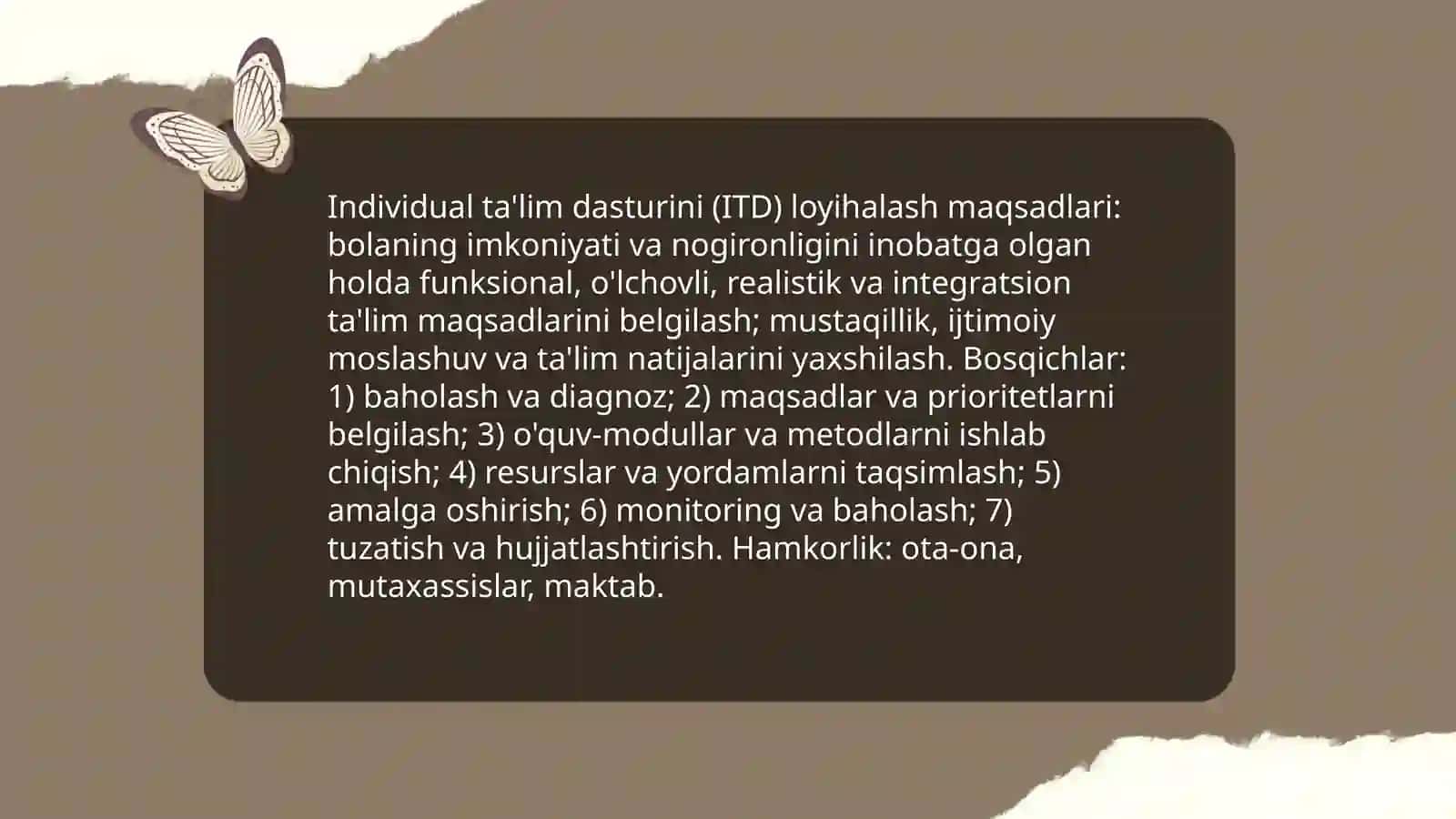 Imkoniyati cheklangan bolalarni xususiyatlarini, nogironligini e'tiborga olgan holda individual dasturlarini tuzishga o'rgatish, metodik va didaktik ta` minotini tayyorlash usullari 4