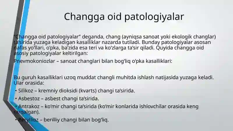 Changga oid patologiyalar. Ishchi zonasi havosining changlanganligini aniqlash 4