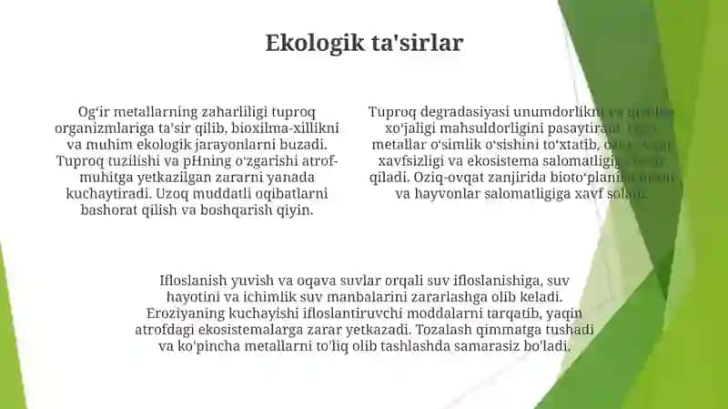 Ogʻir metallarning ifloslanishi bilan bogʻliq ekologik xavflarni va tuzatish strategiyalari 4