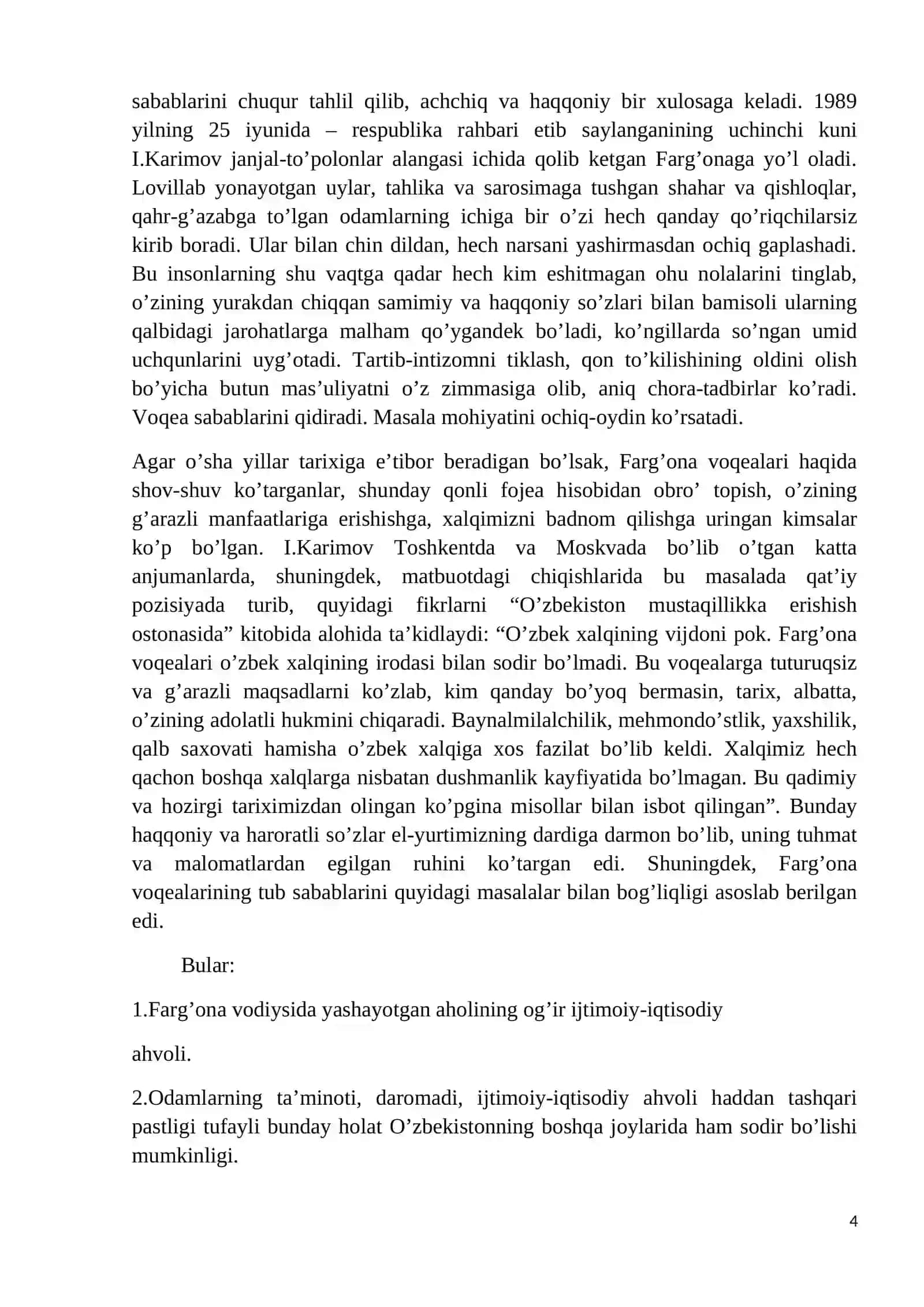 O‘zbek davlatchiligining shakllanishi va taraqqiyot bosqichlari (Rossiya imperiyasi va sovet hukmronligi davrida o‘lkadagi ijtimoiy-iqtisodiy, siyosiy va ma’naviy jarayonlar.) 4