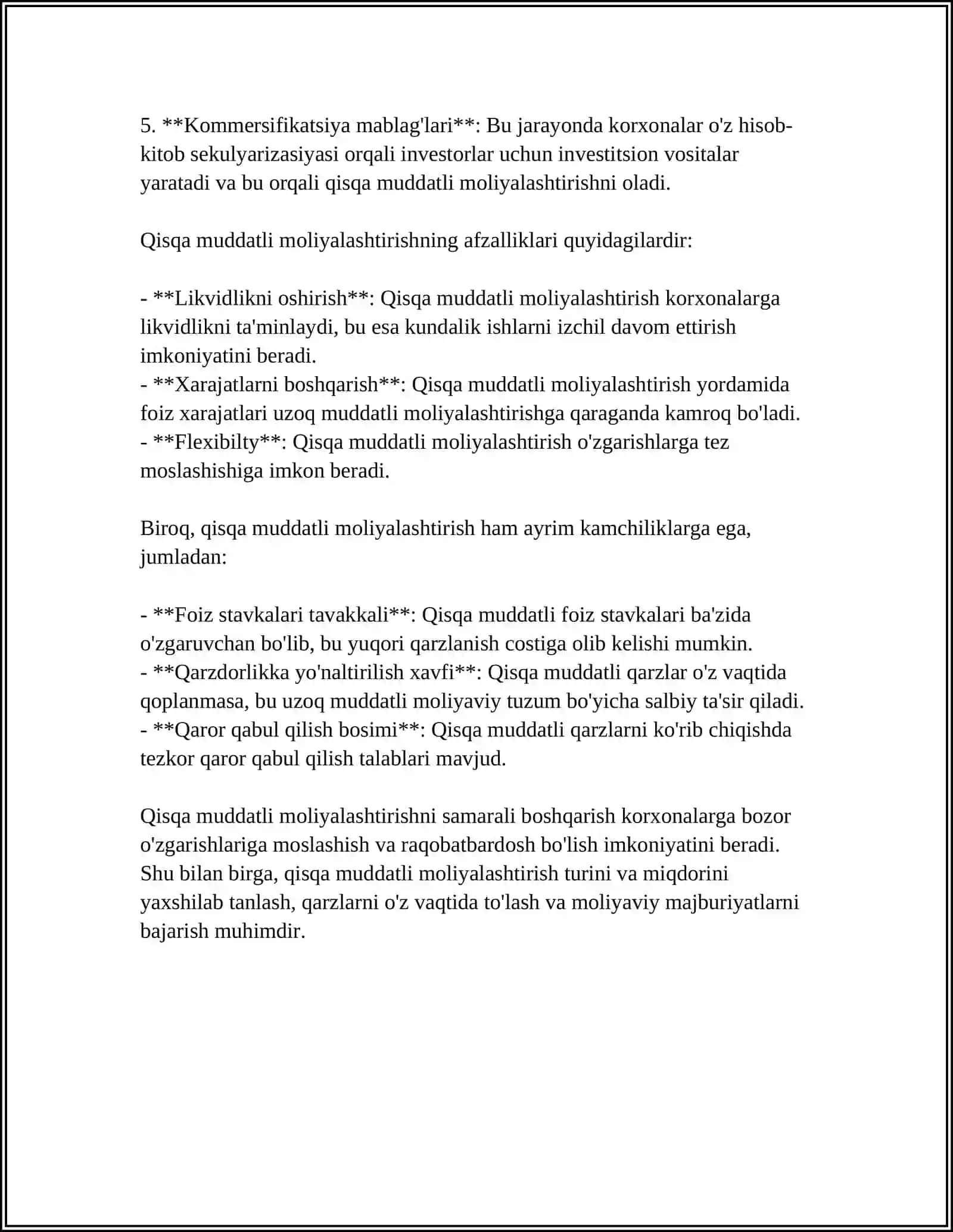 MUSTAQIL ISH Mavzu: QISQA MUDDATLI MOLIYALASHTIRISHDA PUL OQIMLARINI O’RNI VA AHAMIYATI 4